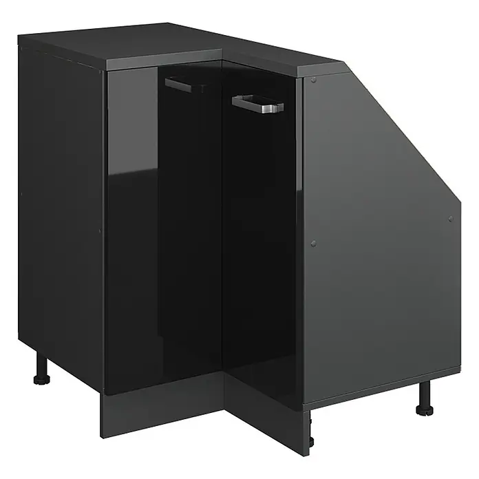 Vicco Küchenleerblock R-Line Schwarz Hochglanz mit 1 Tür - Breite: 75,6 cm, Schwarz Hochglanz - Dunkelgrauer glänzender Eckunterschrank mit zwei Türen und Griffen, auf verstellbaren Füßen.