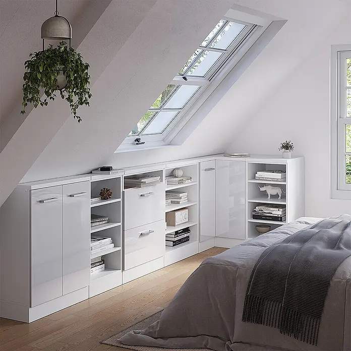 Vicco Schrankküche R-Line Weiß Hochglanz mit 1 Tür - Weiß Hochglanz, Eck-Dachschrägenschrank 76 cm - Weißes Hochglanz-Dachschrägenschranksystem mit Türen und Regalen, passend unter eine Dachschräge in einem Schlafzimmer.
