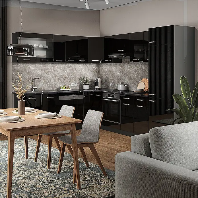 Vicco Schrankküche R-Line Schwarz Hochglanz mit 1 Tür - Schwarz Hochglanz, Eck-Dachschrägenschrank 76 cm - Moderne schwarze Hochglanzküche in L-Form mit grauer Marmor-Rückwand und Einbaugeräten, in offenem Wohnbereich gezeigt.