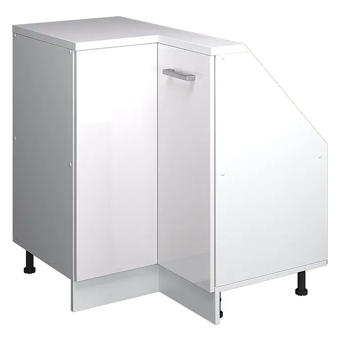 Vicco Schrankküche R-Line Weiß Hochglanz mit 1 Tür - Weiß Hochglanz, Eck-Dachschrägenschrank 76 cm - Weißer Hochglanz-Eckunterschrank mit schräger Seite und Metallgriff, für effiziente Küchenraumnutzung.