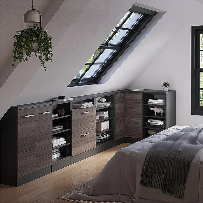 Vicco Schrankküche R-Line Edelgrau mit 1 Tür - Edelgrau, Eck-Dachschrägenschrank 76 cm - Einbauschrank für Dachschrägen mit dunkelbraunen Türen und offenen Fächern.
