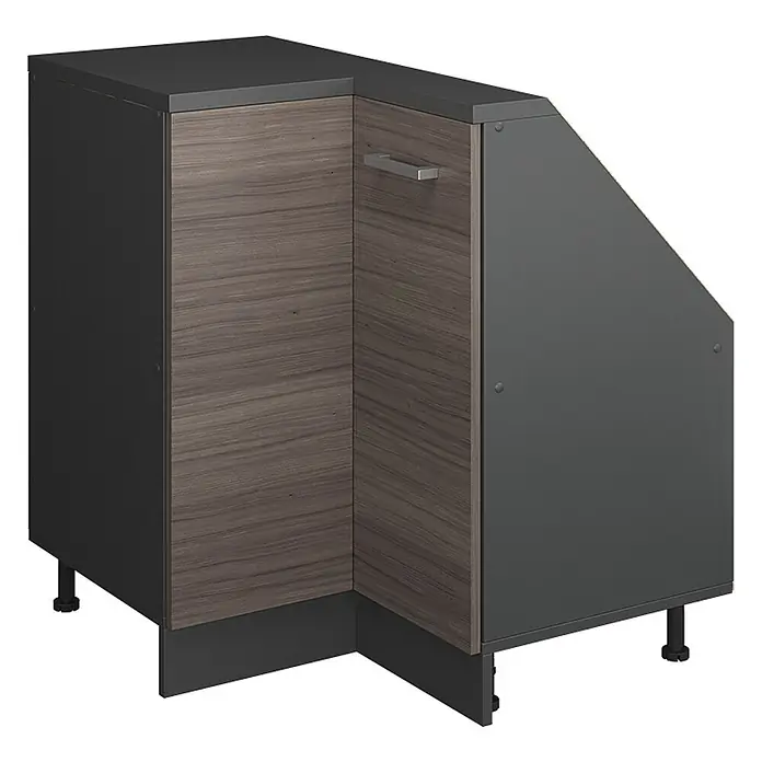 Vicco Schrankküche R-Line Edelgrau mit 1 Tür - Edelgrau, Eck-Dachschrägenschrank 76 cm - Dunkelgrauer Eck-Küchenunterschrank mit Holzmaserungs-Türen, Arbeitsplatte und verstellbaren Füßen.