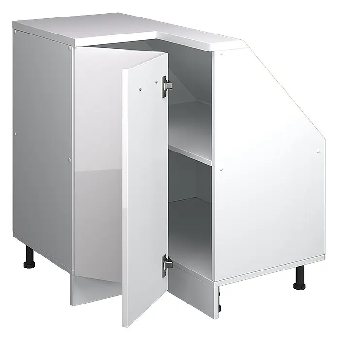 Vicco Schrankküche R-Line Weiß Hochglanz mit 1 Tür - Weiß Hochglanz, Eck-Dachschrägenschrank 76 cm - Weißer Eckunterschrank mit offener Tür, Innenablagen und abgeschrägter Seite.