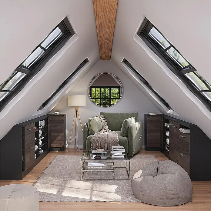 Vicco Schrankküche R-Line Edelgrau mit 1 Tür - Edelgrau, Eck-Dachschrägenschrank 76 cm - Dunkle Holz- und schwarze Aufbewahrungsschränke, maßgefertigt in schrägen Wänden eines gemütlichen Dachwohnzimmers.