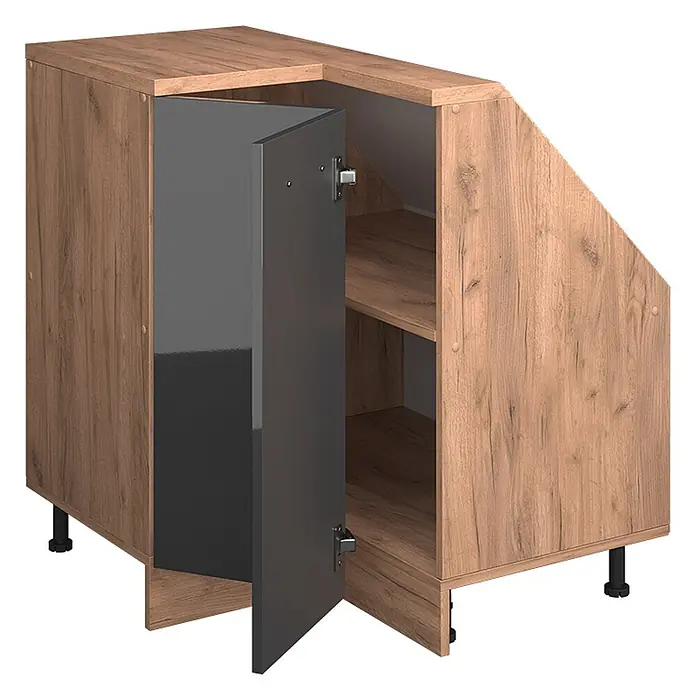 Vicco Schrankküche R-Line Anthrazit Hochglanz mit 1 Tür - Anthrazit Hochglanz, Eck-Dachschrägenschrank 76 cm - Brauner Eckschrank in Holzoptik mit offener dunkelgrauer Tür und Innenregalen.