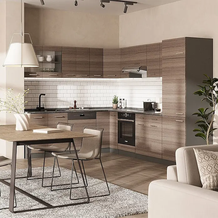 Vicco Schrankküche R-Line Edelgrau mit 1 Tür - Edelgrau, Eck-Dachschrägenschrank 76 cm - Moderne Küche mit Holzmaserungsschränken, dunklen Arbeitsplatten und weißem Fliesenspiegel, integriert in einen offenen Wohnbereich.