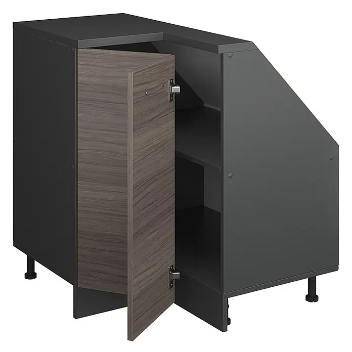 Vicco Schrankküche R-Line Edelgrau mit 1 Tür - Edelgrau, Eck-Dachschrägenschrank 76 cm - Dunkelgrauer Küchenunterschrank mit geöffneter Holztür, schrägen Regalböden und verstellbaren Füßen.