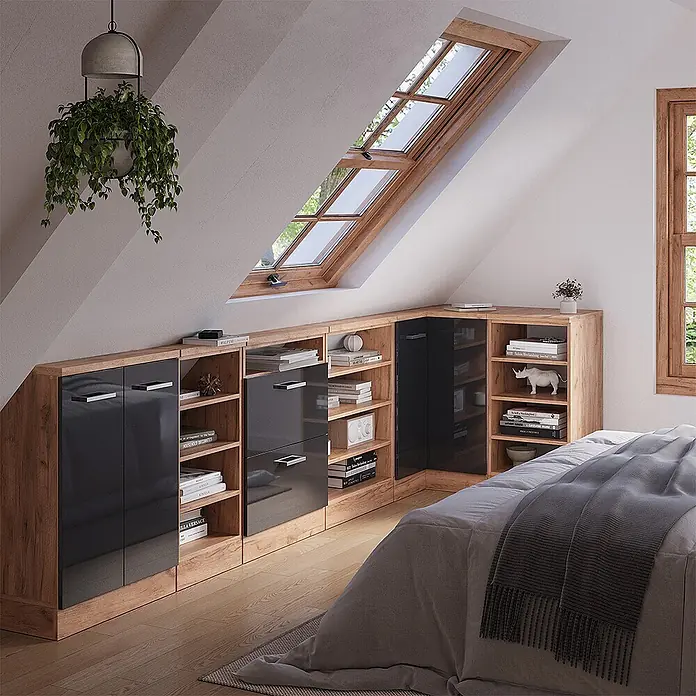 Vicco Schrankküche R-Line Anthrazit Hochglanz mit 1 Tür - Anthrazit Hochglanz, Eck-Dachschrägenschrank 76 cm - Maßgefertigtes Dachschrägenregal mit hellen Holzregalen und hochglänzenden dunkelgrauen Schränken im Schlafzimmer.