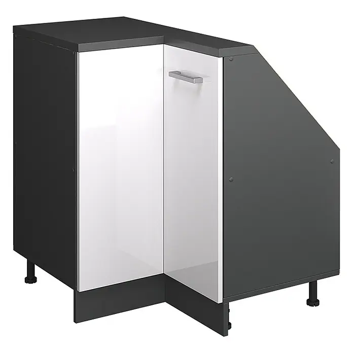Vicco Schrankküche R-Line Weiß Hochglanz mit 1 Tür - Weiß Hochglanz, Eck-Dachschrägenschrank 76 cm - Dunkelgrauer Eckunterschrank mit weißen Hochglanztüren und silbernem Griff.