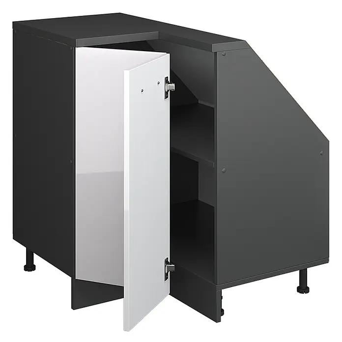 Vicco Schrankküche R-Line Weiß Hochglanz mit 1 Tür - Weiß Hochglanz, Eck-Dachschrägenschrank 76 cm - Dunkelgrauer abgeschrägter Küchenunterschrank mit offener weißer Tür, sichtbaren Innenfächern und verstellbaren Füßen.