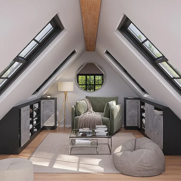 Vicco Schrankküche R-Line Beton mit 1 Tür - Beton, Eck-Dachschrägenschrank 76 cm - Schwarze Stauschränke mit grauen Betonoptik-Türen, unter schrägen Dachfenstern eingebaut, bieten platzsparende Organisation.