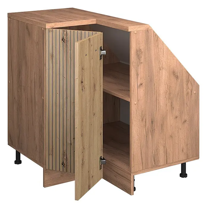 Küchenschrank für Dachschrägen R-Line 75.6 cm Artisan-Eiche Art.-Nr. 59103 -  - Eckunterschrank aus hellem Holz mit schräger Seitenwand für Treppenstau, offene Tür zeigt Regale.