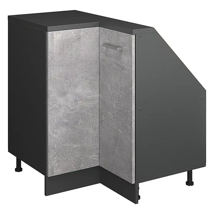 Vicco Schrankküche R-Line Beton mit 1 Tür - Beton, Eck-Dachschrägenschrank 76 cm - Dunkelgrauer Eckunterschrank mit hellgrauen Betonoptik-Türen, silbernem Griff und schwarzen Füßen.
