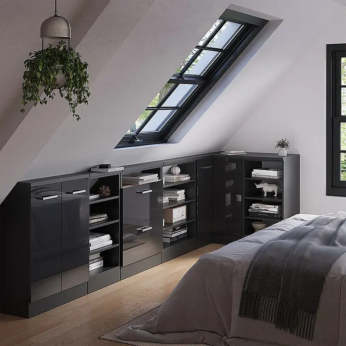 Vicco Schrankküche R-Line Anthrazit Hochglanz mit 1 Tür - Anthrazit Hochglanz, Eck-Dachschrägenschrank 76 cm - Dunkelgraues, glänzendes modulares Schranksystem mit Türen und offenen Fächern, perfekt in eine Dachschräge eingepasst.