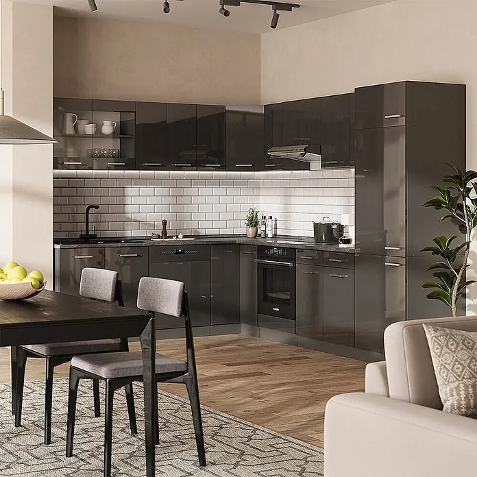 Vicco Eckküche R-Line Anthrazit Hochglanz/Anthrazit, AP Marmor - B x T: 287 x 60 cm, Anthrazit Hochglanz, Ohne Elektrogeräte - Moderne, glänzende, dunkelgraue L-Küche mit integrierten Geräten, weißem Fliesenspiegel, in offenem Wohnbereich.