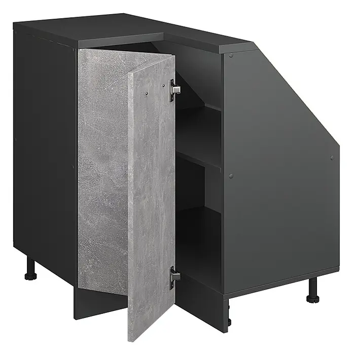 Vicco Schrankküche R-Line Beton mit 1 Tür - Beton, Eck-Dachschrägenschrank 76 cm - Anthrazitfarbener Eckunterschrank mit offener Betonoptik-Tür und Innenregalen.