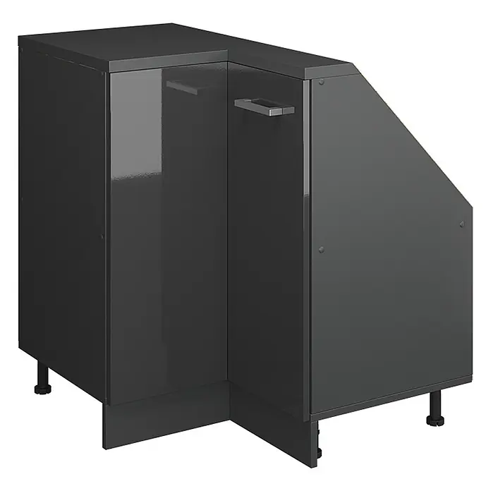 Vicco Schrankküche R-Line Anthrazit Hochglanz mit 1 Tür - Anthrazit Hochglanz, Eck-Dachschrägenschrank 76 cm - Dunkelgrauer glänzender L-förmiger Eckunterschrank mit Griffen und verstellbaren Füßen.
