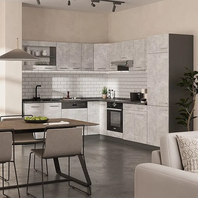 Vicco Schrankküche R-Line Beton mit 1 Tür - Beton, Eck-Dachschrägenschrank 76 cm - Moderne Eckküche mit hellgrau strukturierten Schränken, dunkelgrauem Hochschrank und Arbeitsplatte, integrierten Geräten, in einem offenen Wohnbereich.