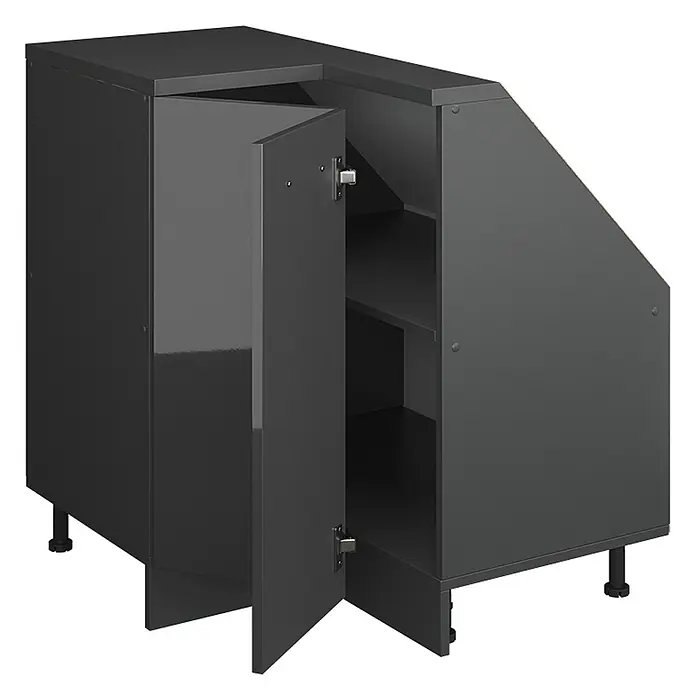 Vicco Schrankküche R-Line Anthrazit Hochglanz mit 1 Tür - Anthrazit Hochglanz, Eck-Dachschrägenschrank 76 cm - Dunkelgrauer Eckunterschrank mit Regalböden, einer offenen Tür und verstellbaren Füßen.