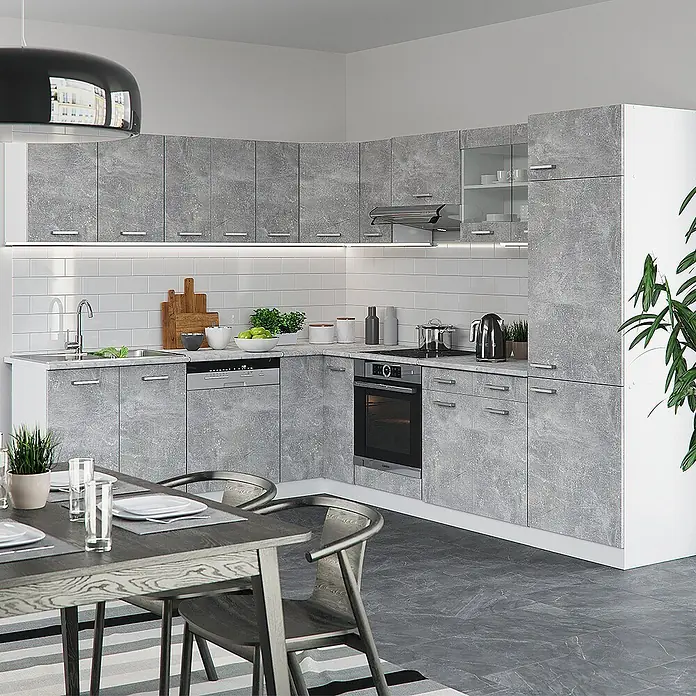 Vicco Eckküche R-Line Beton ohne Arbeitsplatte - B x T: 287 x 46 cm, Beton, Ohne Elektrogeräte - Moderne L-förmige Küche mit grauen Betonoptik-Schränken, integrierten Geräten und Essbereich.