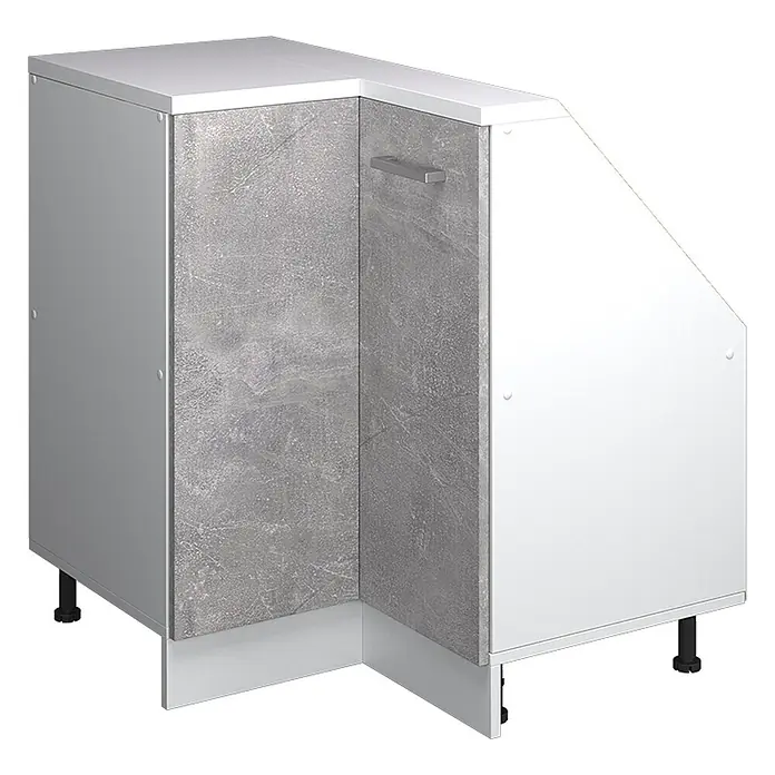 Vicco Schrankküche R-Line Beton mit 1 Tür - Beton, Eck-Dachschrägenschrank 76 cm - Eckunterschrank mit grauer Steinoptik und weißen Fronten, inklusive Griff und Standfüßen.