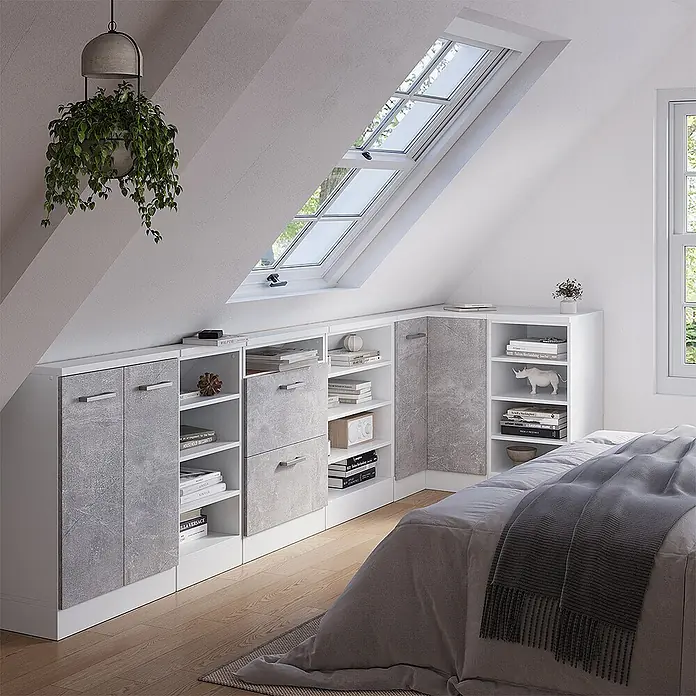 Vicco Schrankküche R-Line Beton mit 1 Tür - Beton, Eck-Dachschrägenschrank 76 cm - Modulares weißes und grau-Beton-Optik-Stauraumsystem unter einer Dachschräge, mit maßgeschneiderten Regalen und Schränken.