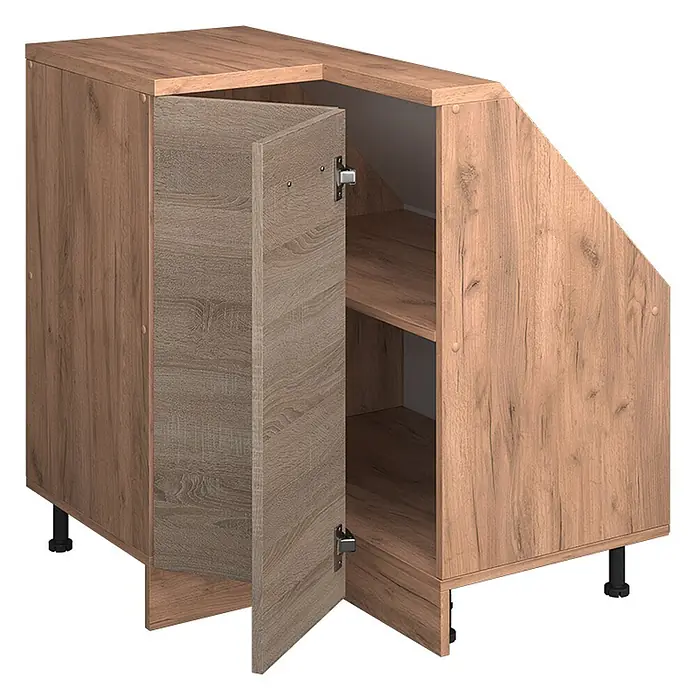 Vicco Schrankküche R-Line Sonoma mit 1 Tür - Sonoma, Eck-Dachschrägenschrank 76 cm - Eckunterschrank in Holzoptik mit offener Tür, zeigt Innenregale. Mit schräger Seite und verstellbaren Füßen.