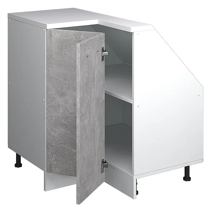 Vicco Schrankküche R-Line Beton mit 1 Tür - Beton, Eck-Dachschrägenschrank 76 cm - Weißer Eckunterschrank mit offener Tür in Betonoptik, zeigt Innenfächer und verstellbare Füße.