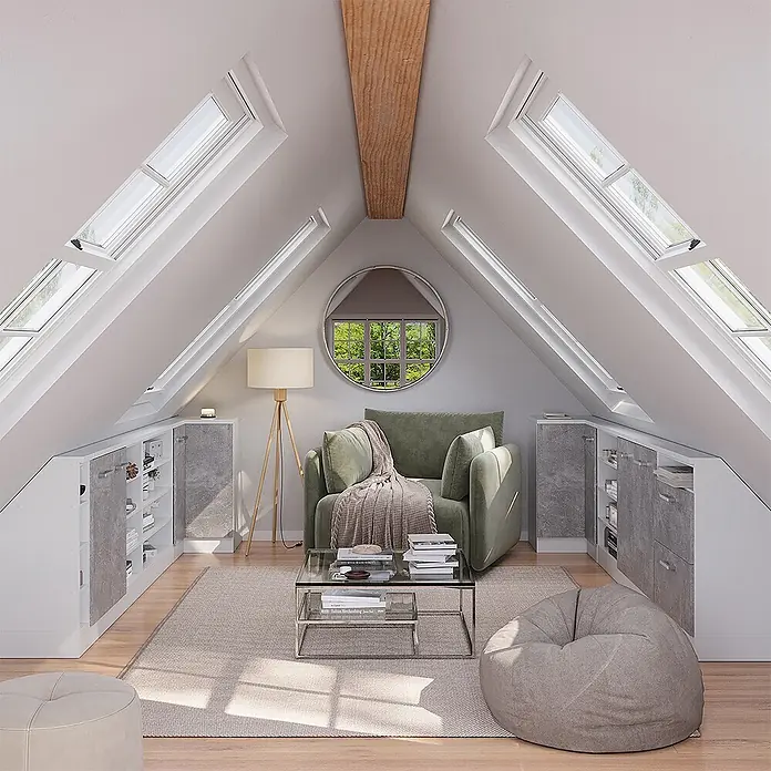 Vicco Schrankküche R-Line Beton mit 1 Tür - Beton, Eck-Dachschrägenschrank 76 cm - Gemütlicher Dachboden-Wohnbereich mit integrierten weiß-grauen Stauräumen in Schrägwänden, die einen funktionalen Sitzbereich bilden.