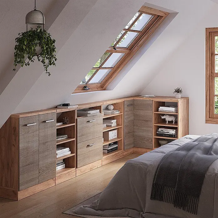 Vicco Schrankküche R-Line Sonoma mit 1 Tür - Sonoma, Eck-Dachschrägenschrank 76 cm - Modulares Dachschrägen-Stauraum-System in Holzoptik und Grau-Braun, mit Regalen, Schubladen und Schränken unter Schräge.
