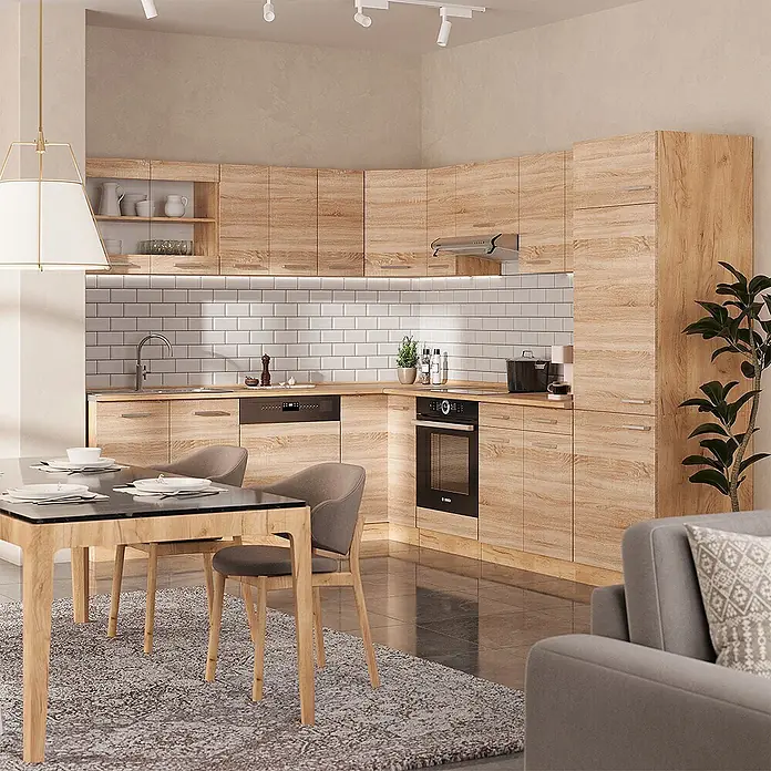 Vicco Schrankküche R-Line Sonoma mit 1 Tür - Sonoma, Eck-Dachschrägenschrank 76 cm - L-förmige Küchenzeile in heller Holzoptik mit weißem Fliesenspiegel und integrierten Geräten, ergänzt durch einen Essbereich.