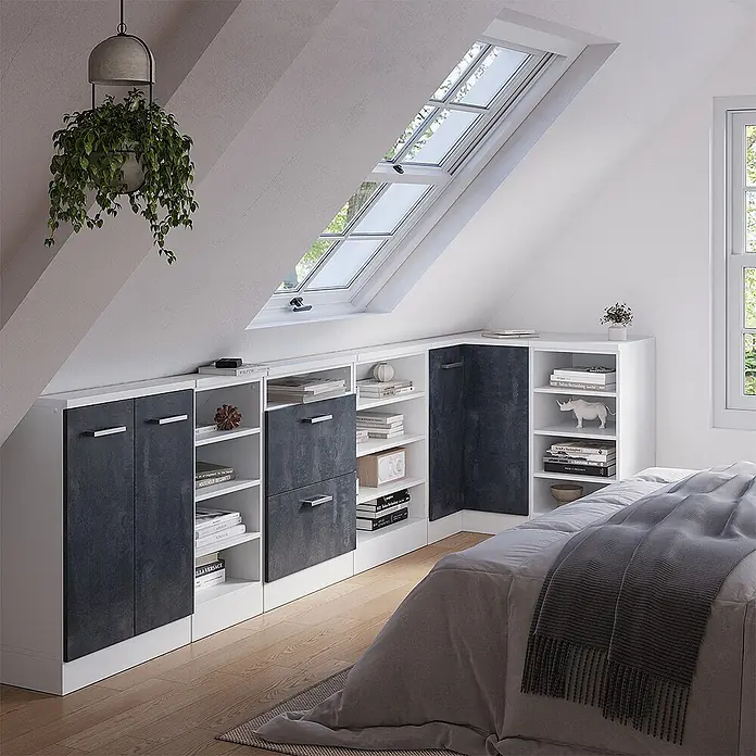 Vicco Schrankküche R-Line Schwarz Beton mit 1 Tür - Schwarz Beton, Eck-Dachschrägenschrank 76 cm - Weißes Regalsystem mit dunkelgrauen Türen und Schubladen, maßgefertigt unter Dachschräge, bietet Stauraum im Schlafzimmer.