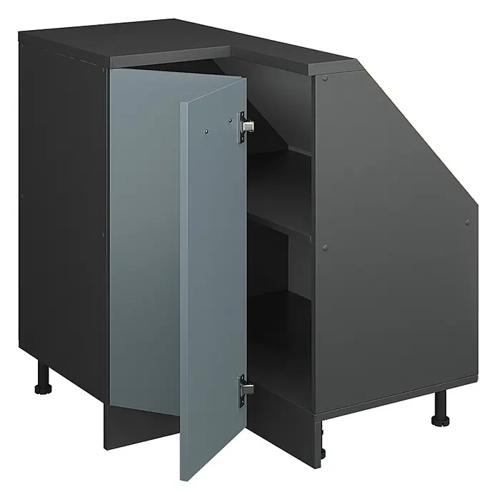 Vicco Schrankküche R-Line Blau-Grau mit 1 Tür - Blau-Grau, Eck-Dachschrägenschrank 76 cm - Dunkelgrauer Schrank mit offener hellgrauer Tür, Regale sichtbar. Eine Seite ist abgeschrägt, ideal für Dachschrägen.