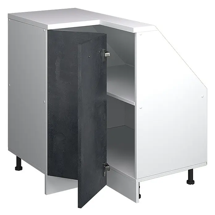 Vicco Schrankküche R-Line Schwarz Beton mit 1 Tür - Schwarz Beton, Eck-Dachschrägenschrank 76 cm - Weißer Unterschrank mit offener dunkelgrauer Tür, abgeschrägter rechter Seite und Innenregalen, für Eck- oder Dachschrägenbereiche.