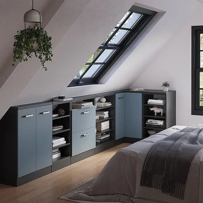 Vicco Schrankküche R-Line Blau-Grau mit 1 Tür - Blau-Grau, Eck-Dachschrägenschrank 76 cm - Maßgefertigtes dunkelgraues und hellblaues Dachbodenschranksystem mit Fächern unter einer Dachschräge.
