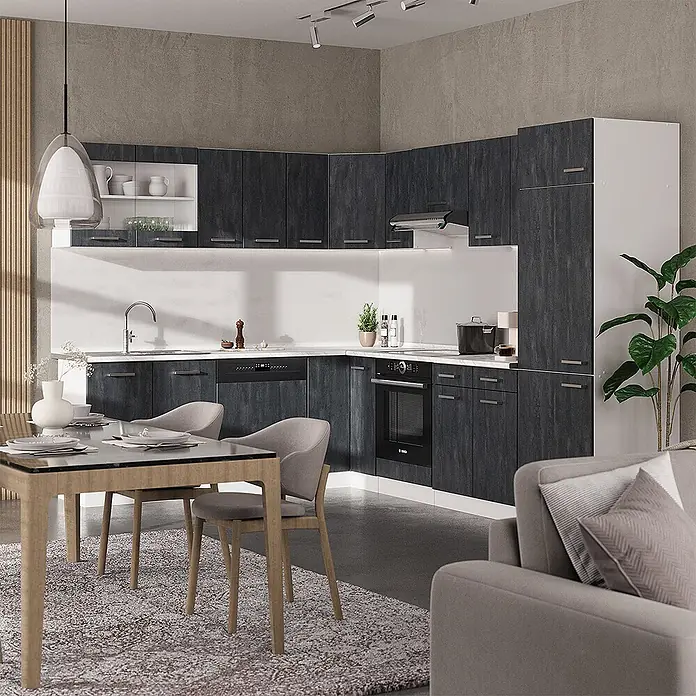 Vicco Schrankküche R-Line Schwarz Beton mit 1 Tür - Schwarz Beton, Eck-Dachschrägenschrank 76 cm - Moderne L-förmige Küche mit dunklen Holzschränken, weißen Arbeitsplatten und integrierten Geräten.