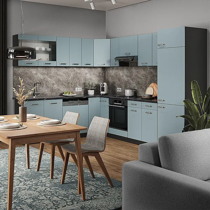 Vicco Schrankküche R-Line Blau-Grau mit 1 Tür - Blau-Grau, Eck-Dachschrägenschrank 76 cm - Hellblaue Küchenschränke mit silbernen Griffen und dunkler Arbeitsplatte in einer modernen offenen Küche.