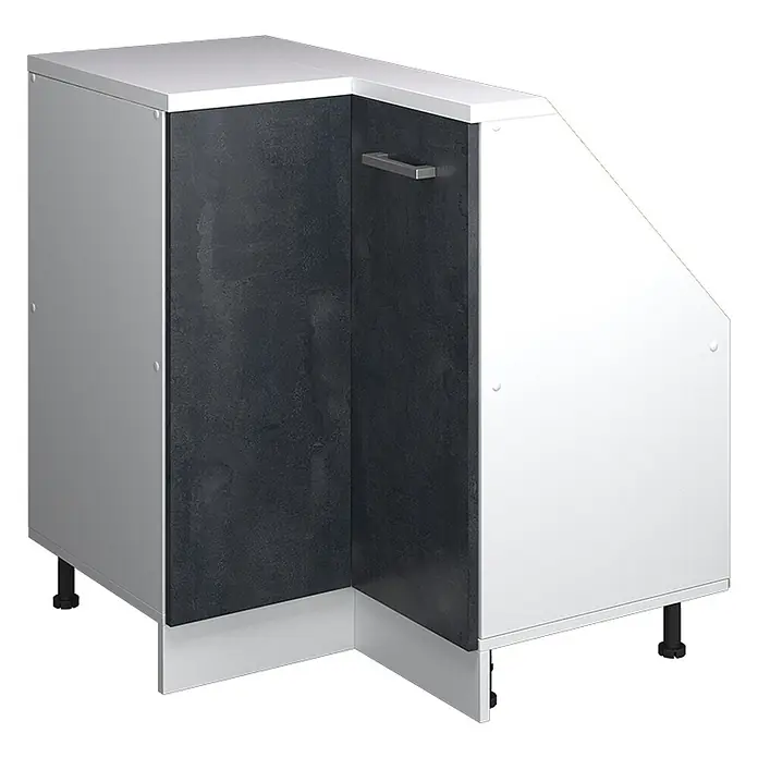 Vicco Schrankküche R-Line Schwarz Beton mit 1 Tür - Schwarz Beton, Eck-Dachschrägenschrank 76 cm - Weißer Kücheneckunterschrank mit dunkelgrauen strukturierten Türen und silbernem Griff, auf verstellbaren Füßen.