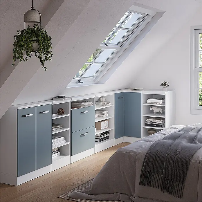 Vicco Schrankküche R-Line Blau-Grau mit 1 Tür - Blau-Grau, Eck-Dachschrägenschrank 76 cm - Weiß-graublaues modulares Dachschrägenschranksystem mit Türen, Schubladen und offenen Fächern, passend für ein Schlafzimmer.
