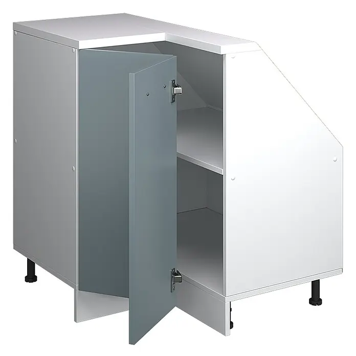 Vicco Schrankküche R-Line Blau-Grau mit 1 Tür - Blau-Grau, Eck-Dachschrägenschrank 76 cm - Weißer Eckunterschrank mit schrägem Design, einer graublauen Tür und internen Ablagen auf verstellbaren Füßen.
