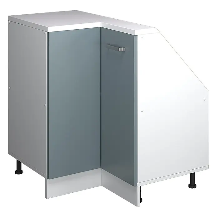 Vicco Schrankküche R-Line Blau-Grau mit 1 Tür - Blau-Grau, Eck-Dachschrägenschrank 76 cm - Zweifarbiger Eckunterschrank mit graublauer Tür, weißer Arbeitsplatte und schräger weißer Seitenwand auf verstellbaren Füßen.