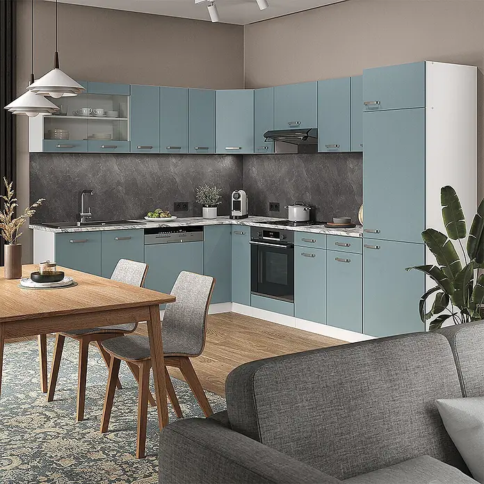 Vicco Eckküche R-Line Blau-Grau/Weiß, AP Anthrazit - B x T: 287 x 60 cm, Blau-Grau, Ohne Elektrogeräte - Moderne Eckküche in Petrolblau mit Einbaugeräten, weißen Akzenten und dunkler Arbeitsplatte, in offenem Wohnraum.