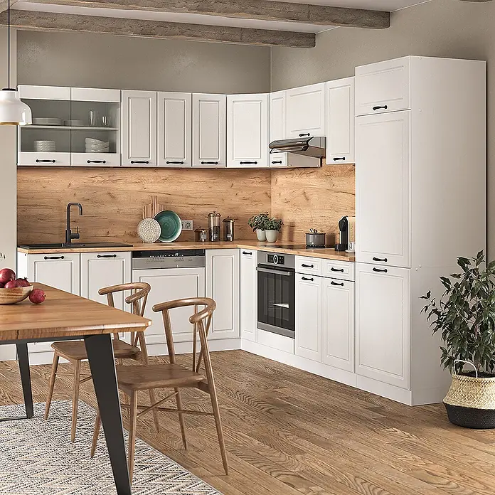 Vicco Eckküche R-Line Weiß Landhaus/Weiß, AP Marmor - B x T: 287 x 60 cm, Weiß Landhaus, Ohne Elektrogeräte - Weiße Küchenschränke mit Arbeitsplatten und Rückwand aus Holz in Eckanordnung. Funktionale Küchenmöbel.