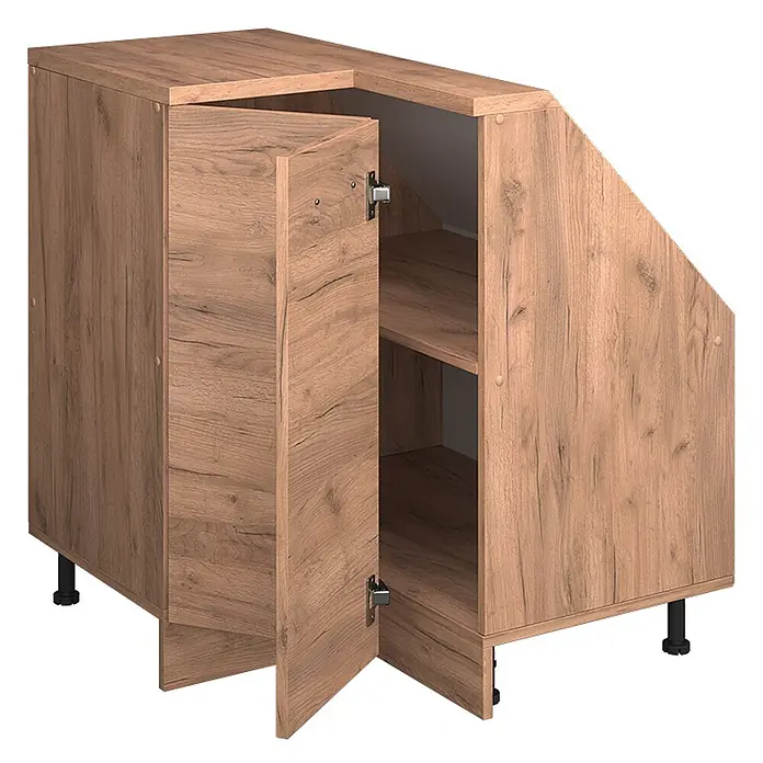 Vicco Schrankküche R-Line Goldkraft Eiche mit 1 Tür - Goldkraft Eiche, Eck-Dachschrägenschrank 76 cm - Eckunterschrank in heller Holzmaserung mit abgeschrägter Seite und offener Tür, die Einlegeböden zeigt, auf schwarzen verstellbaren Füßen.