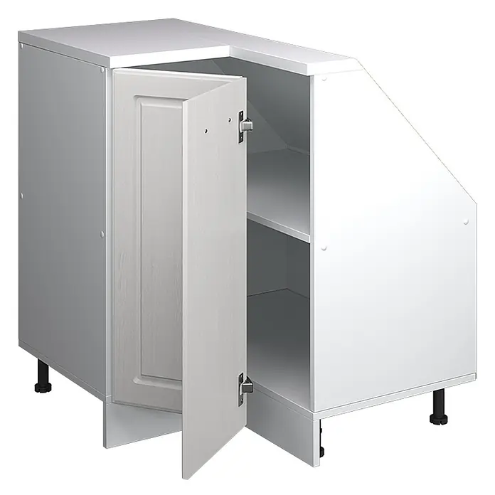 Vicco Schrankküche R-Line Weiß Landhaus mit 1 Tür - Weiß Landhaus, Eck-Dachschrägenschrank 76 cm - Weißer Unterschrank mit schräger Rückwand, offener hellgrauer Kassettentür und Einlegeboden, auf schwarzen Füßen.