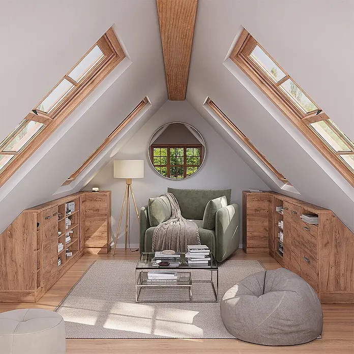 Vicco Schrankküche R-Line Goldkraft Eiche mit 1 Tür - Goldkraft Eiche, Eck-Dachschrägenschrank 76 cm - Holzschränke und Regale in einem gemütlichen Dachzimmer mit Dachschrägen integriert.