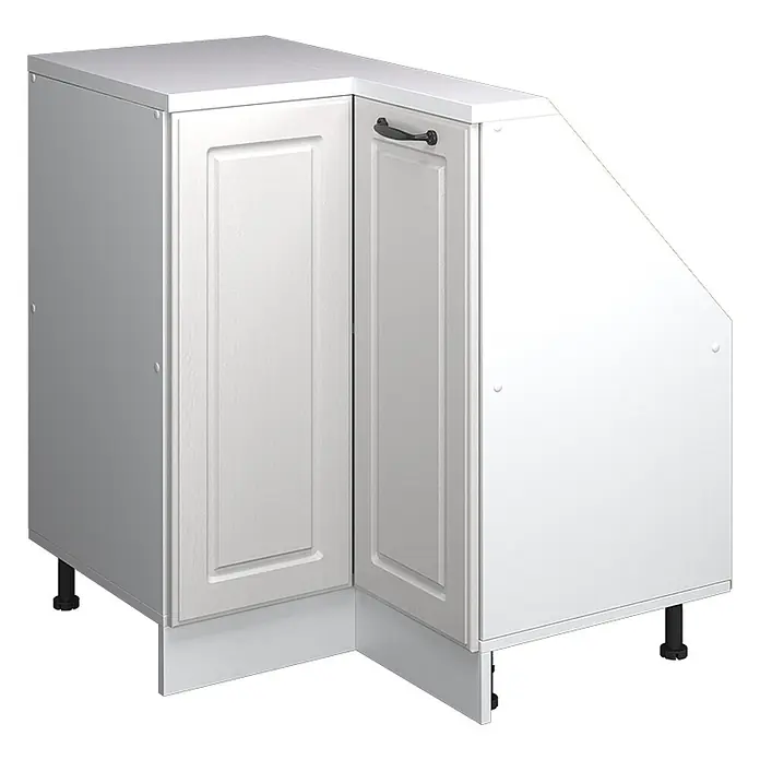 Vicco Schrankküche R-Line Weiß Landhaus mit 1 Tür - Weiß Landhaus, Eck-Dachschrägenschrank 76 cm - Weißer Eckunterschrank für die Küche mit zwei Türblättern und dunklem Griff, auf verstellbaren Füßen.