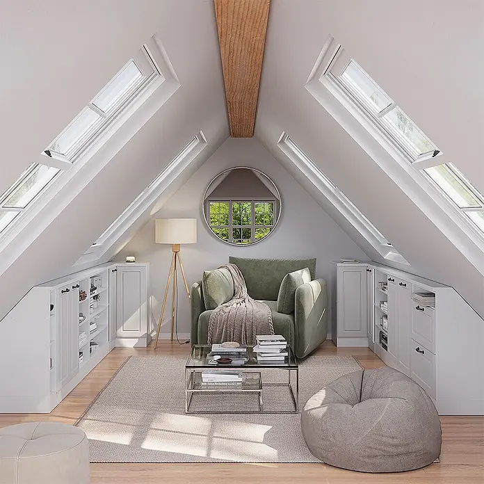 Vicco Schrankküche R-Line Weiß Landhaus mit 1 Tür - Weiß Landhaus, Eck-Dachschrägenschrank 76 cm - Ein olivgrüner Sessel mit Kuscheldecke und ein moderner Couchtisch aus Glas in einem gemütlichen Dachzimmer.