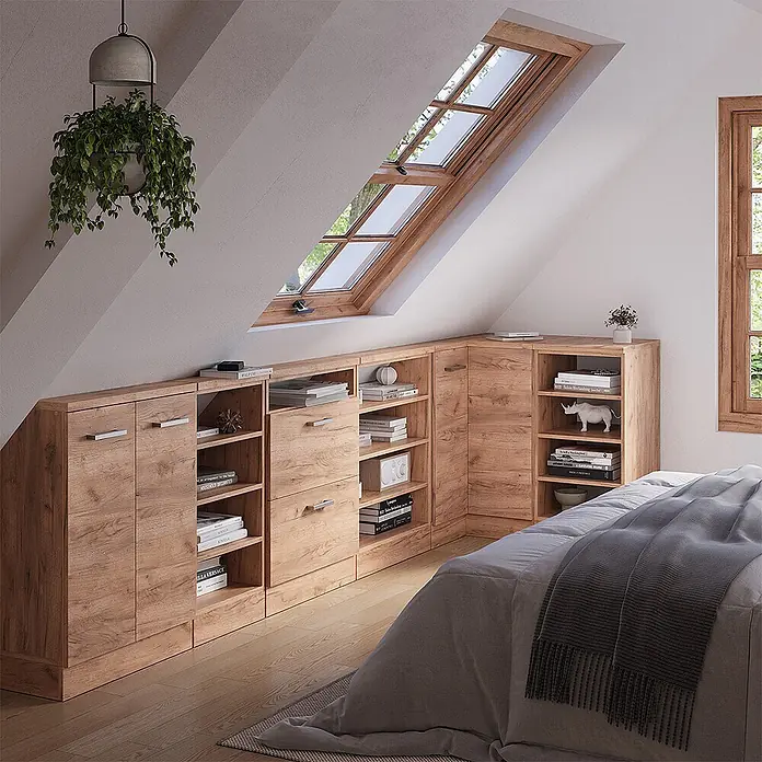 Vicco Schrankküche R-Line Goldkraft Eiche mit 1 Tür - Goldkraft Eiche, Eck-Dachschrägenschrank 76 cm - Helles Holz-Effekt Stausystem mit Regalen und Schränken, maßgefertigt für ein Dachschrägzimmer.