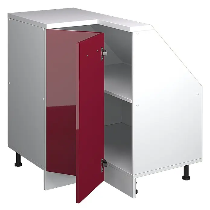 Vicco Küchenleerblock R-Line Rot Hochglanz mit 1 Tür - Breite: 75,6 cm, Rot Hochglanz - Weißer Eckunterschrank mit offener, glänzender roter Tür, zeigt Innenfächer und verstellbare Füße.